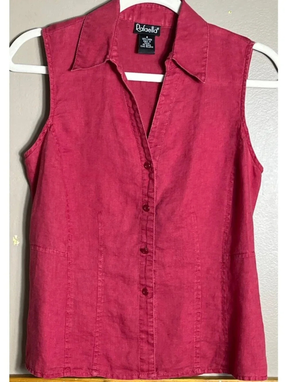 Rafaella Linen Button Top Sleeveless Raspberry Red Coastal Casual Preppy Wom 6 - Picture 4 of 10